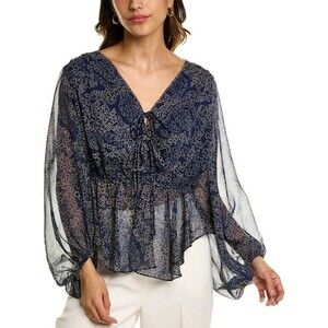 Ted Baker Mildred Blouse Balloon Sleeve Navy Beige Peasant Sheer Top Size 2 US 6
